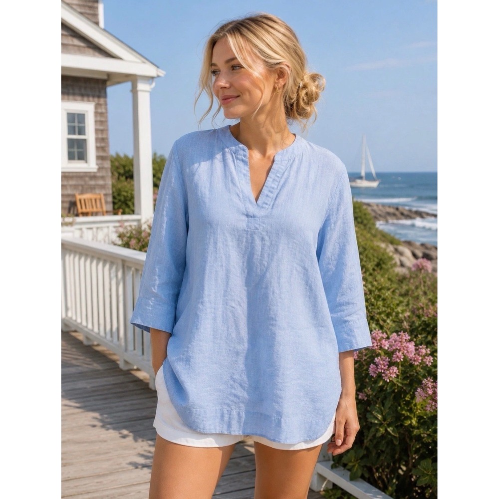 Lands End Split Neck Linen Blend Tunic Top Women L Blue